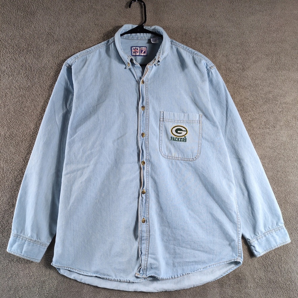 Vintage Green Bay Packers Game Day Logo 7 Denim Shirt Men Size L
